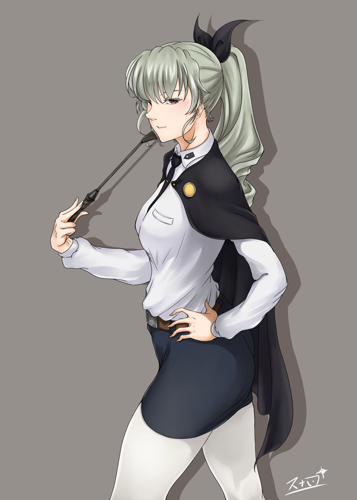 1girl alternate_hairstyle anchovy bow cape commentary girls_und_panzer green_hair grey_background hair_bow hand_on_hip long_hair necktie older pantyhose ponytail riding_crop signature simple_background skirt solo sunaipu_(age-zero) white_legwear