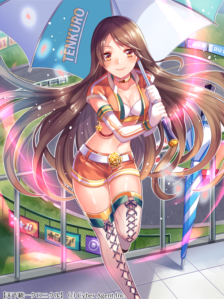 1girl belt breasts brown_eyes brown_hair cleavage elbow_gloves fence gloves long_hair looking_at_viewer midriff navel official_art one_leg_raised orange_pants over_shoulder racequeen shina_shina shorts solo tenka_touitsu_chronicle thigh-highs umbrella white_gloves
