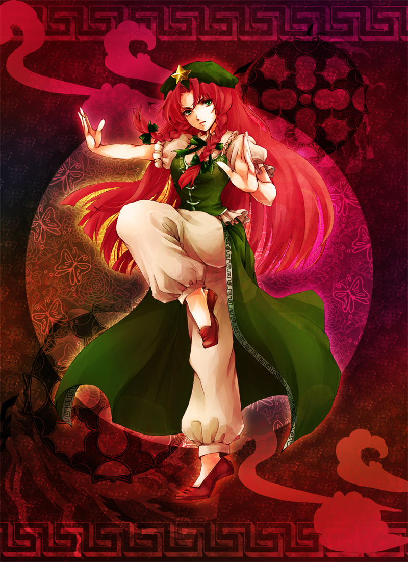 awa_toka beret braid butterfly china_dress chinadress chinese_clothes fighting_stance green_eyes hat hong_meiling long_hair pants red_hair redhead solo touhou twin_braids