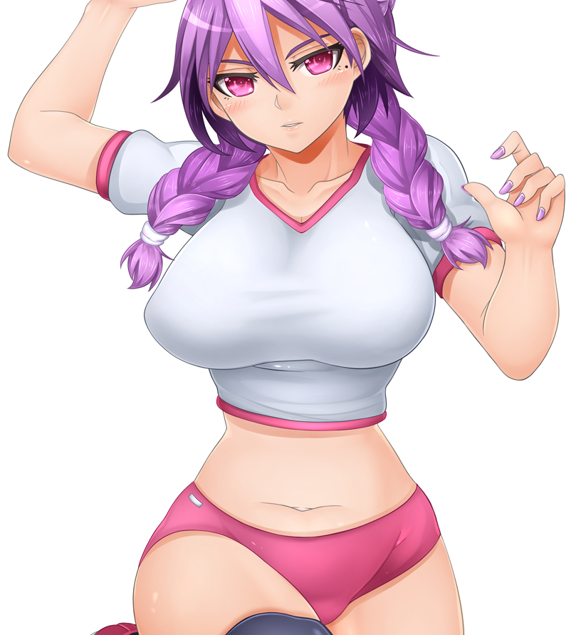 1girl braid breasts gym_uniform large_breasts midriff mole nail_polish navel oni-noboru original pink_eyes purple_hair simple_background solo twin_braids white_background