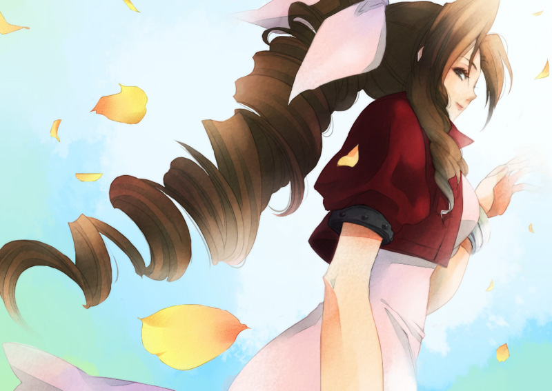 bad_id bolero bow bracelet braid brown_eyes brown_hair cropped_jacket dress drill_hair final_fantasy final_fantasy_vii hair_bow haru_(pixiv276337) hidaka_ryou jewelry leaf leaves long_hair petals ponytail single_braid smile solo very_long_hair