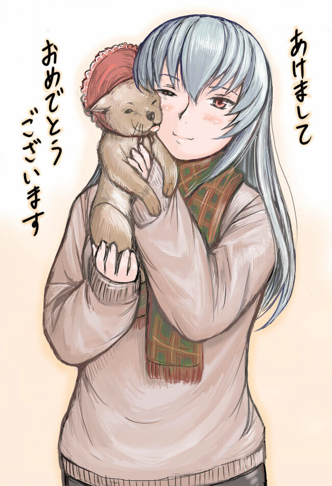 akeome bonnet casual dog long_hair new_year red_eyes rozen_maiden rozenweapon scarf silver_hair suigintou translated