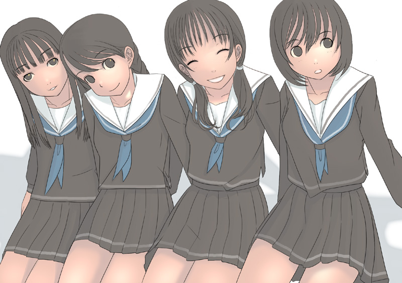 4girls brown_hair everyone multiple_girls school_uniform serafuku short_twintails smile souldeep twintails