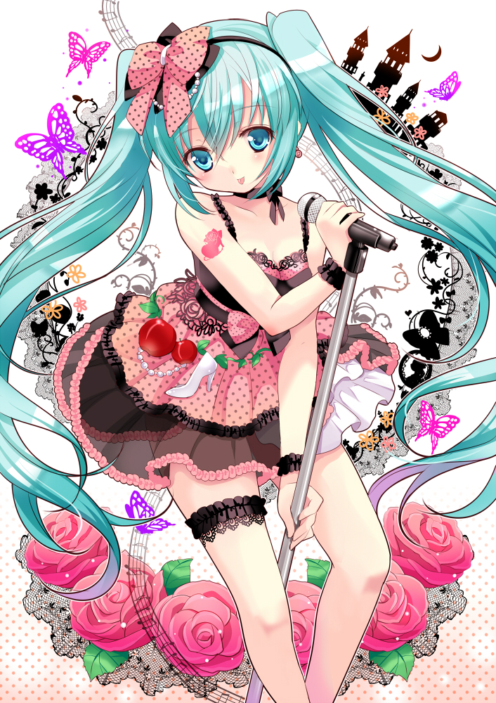 1girl aqua_eyes aqua_hair blush butterfly chimochi choker dress dyudyu flower food food_themed_clothes fruit hairband hatsune_miku high_heels long_hair microphone microphone_stand musical_note romeo_and_cinderella_(vocaloid) romeo_to_cinderella_(vocaloid) shoes tattoo twintails very_long_hair vocaloid