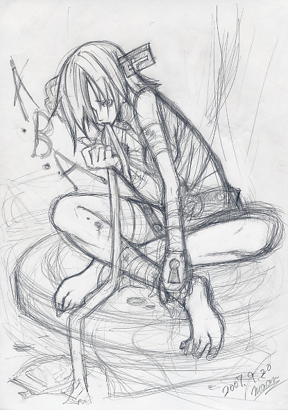 bandage bandages barefoot date graphite graphite_(medium) guilty_gear hair_over_one_eye homunculus keyhole maon monochrome mouth_hold signature sitting sketch traditional_media