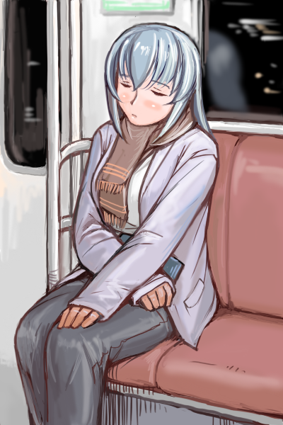 casual gloves jacket pants rozen_maiden rozenweapon scarf silver_hair sleeping sleeping_upright suigintou train train_interior