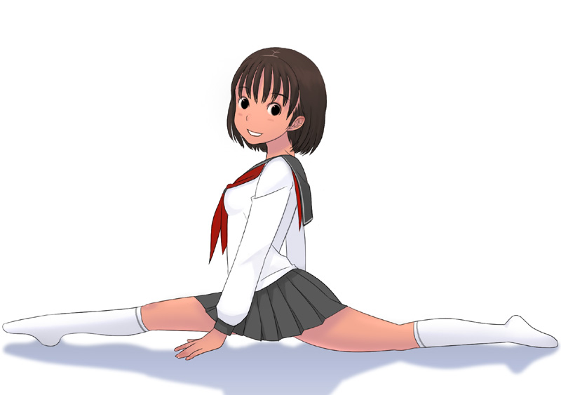 black_eyes brown_hair kneehighs school_uniform serafuku skirt smile socks solo souldeep split splits spread_legs