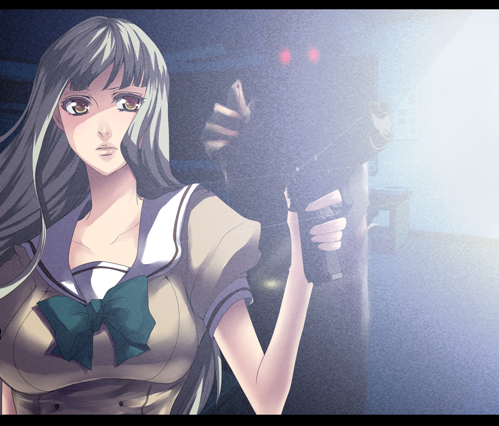 black_hair face gun handgun long_hair nicole pistol school_uniform serafuku weapon yellow_eyes