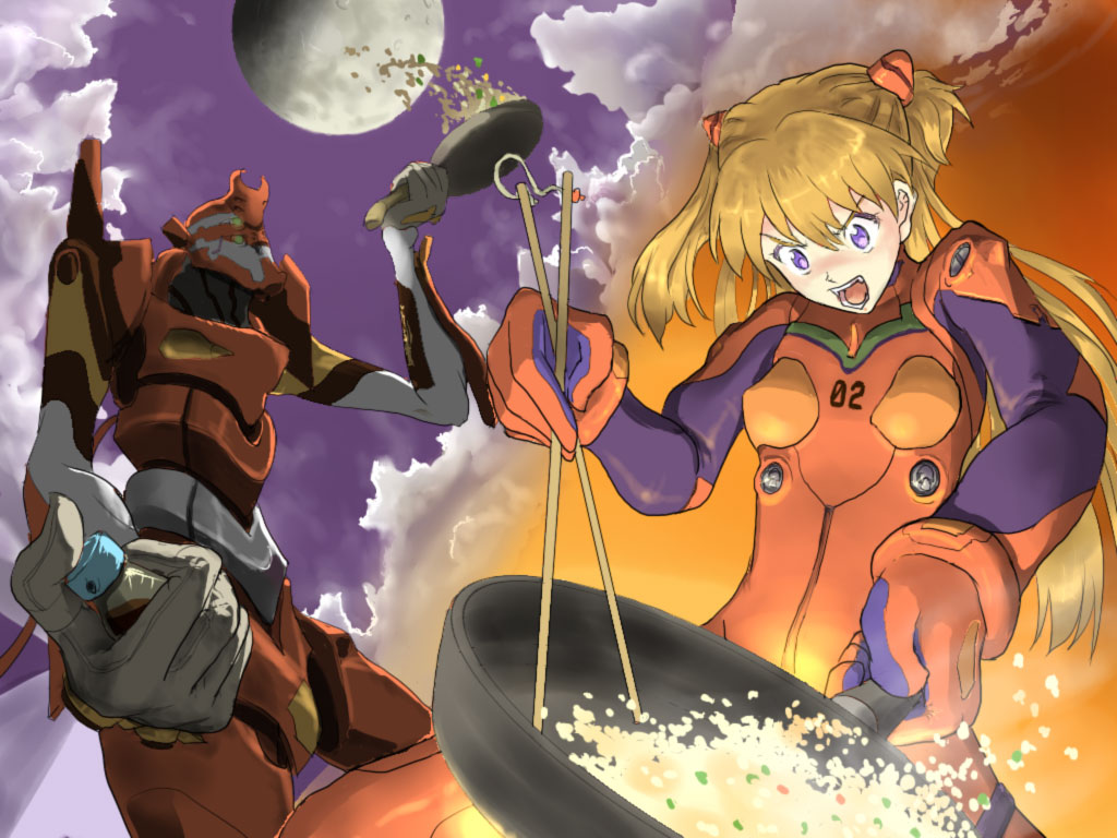 blue_eyes chopsticks cooking eva_02 foreshortening fried_rice frying_pan moon neon_genesis_evangelion plugsuit puakachan puuakachan rebuild_of_evangelion shikinami_asuka_langley souryuu_asuka_langley twintails