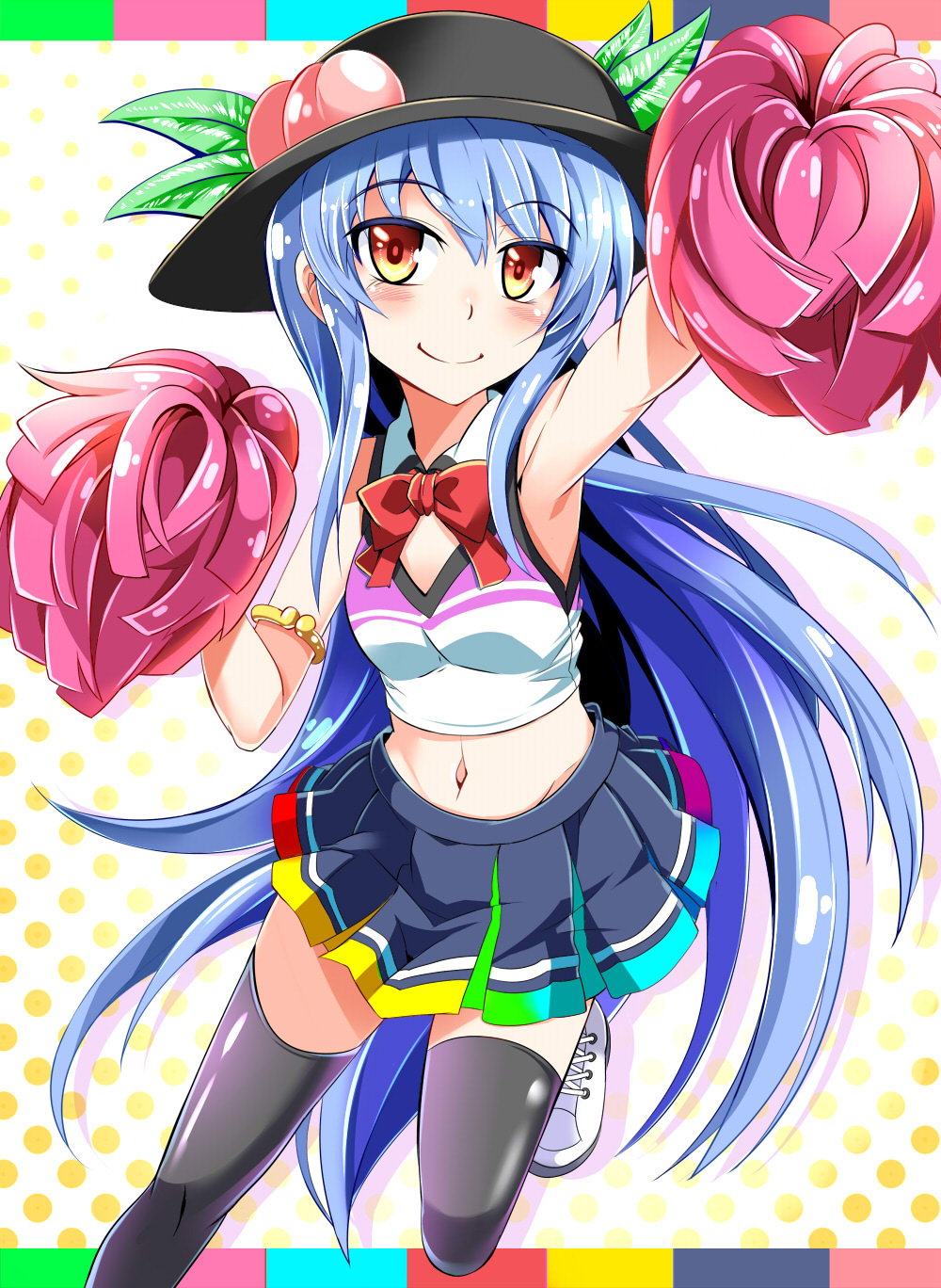 1girl adapted_costume arm_up armpits black_hat black_legwear blue_hair cheerleader chemise e.o. food fruit hair_between_eyes halftone halftone_background hat highres hinanawi_tenshi large_hat long_hair looking_at_viewer midriff navel peach pleated_skirt pom_poms rainbow_order red_eyes skirt smile solo standing_on_one_leg thigh-highs touhou very_long_hair zettai_ryouiki