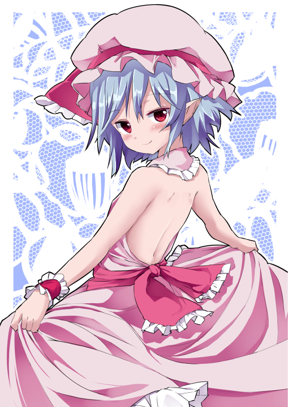 1girl back blue_eyes blush dress dress_lift from_behind hat hat_ribbon lifted_by_self looking_at_viewer looking_back mob_cap noa_(nagareboshi) pointy_ears red_eyes remilia_scarlet ribbon short_hair smile solo touhou wrist_cuffs