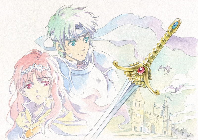 1boy 1girl agahari alm_(fire_emblem) armor blue_eyes castle celica_(fire_emblem) crown fire_emblem fire_emblem_gaiden green_hair headband long_hair red_eyes redhead sword traditional_media weapon