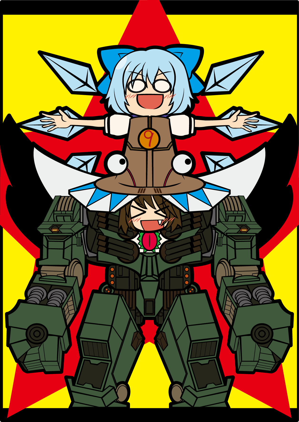 2girls blonde_hair blue_hair bow brown_hair cherno_alpha cirno crossover hair_bow hat highres ice kide_koushin mecha multiple_girls pacific_rim pyonta reiuji_utsuho short_hair touhou wings