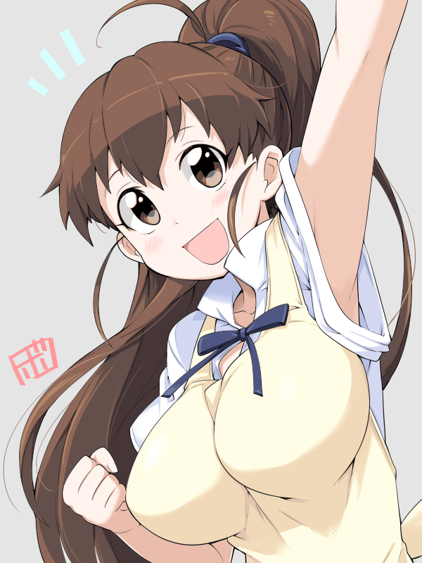 1girl :d apron arm_up armpits bow bowieknife breasts brown_eyes brown_hair clenched_hand grey_background large_breasts long_hair open_mouth ponytail scrunchie signature simple_background smile solo taneshima_popura upper_body waitress working!!