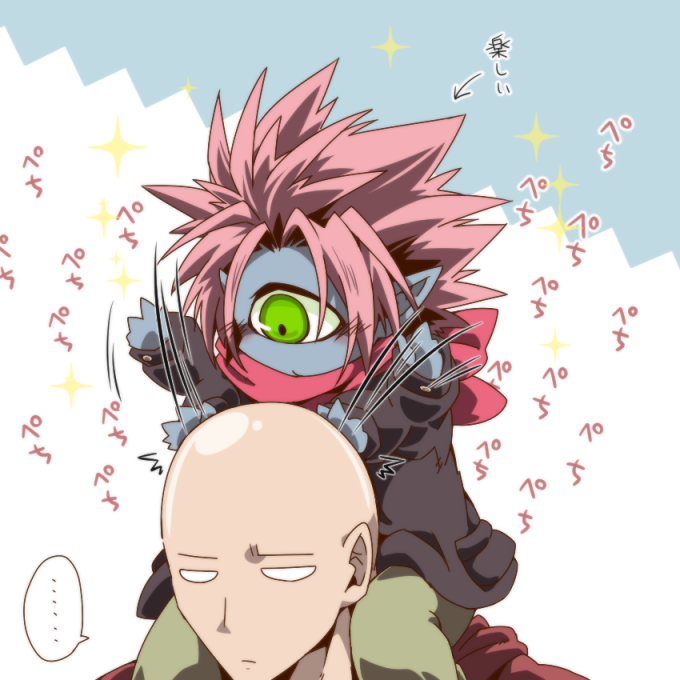 ... 0nodera 2boys annoyed bald blank_eyes blue_skin blush carrying_over_shoulder child coat cyclops directional_arrow green_eyes long_sleeves lord_boros male_focus motion_lines multiple_boys one-eyed onepunch_man pants pink_scarf pointy_ears saitama_(onepunch_man) scarf sitting_on_shoulder sparkle speech_bubble spiky_hair spoken_ellipsis younger