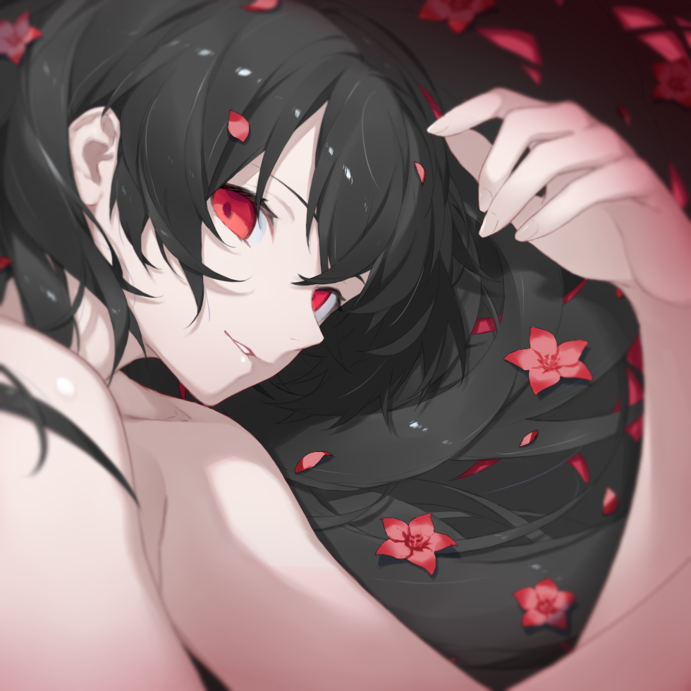 1girl bangs black_hair fhang flower focused hand_up long_hair looking_at_viewer lying nude on_side open_mouth original petals portrait red_eyes reflection shadow solo