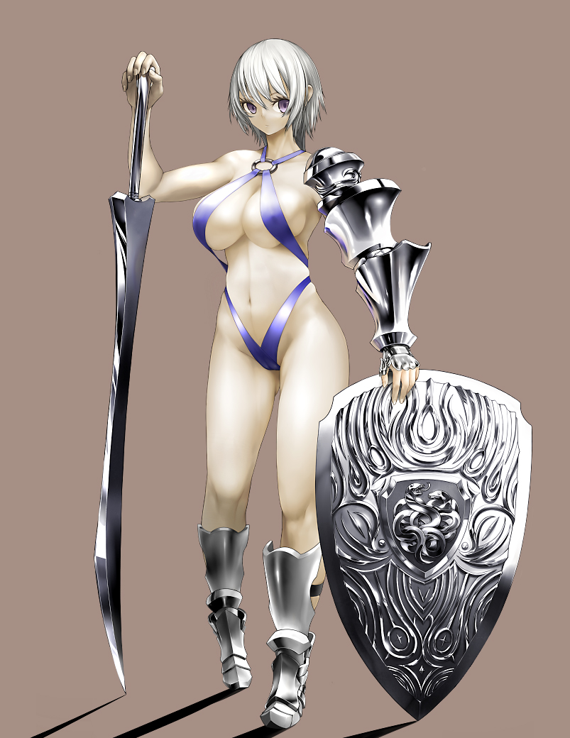 armored_boots asymmetrical_clothes boots contrapposto gauntlets grey_eyes grey_hair groin high_heel_boots high_heels metal_akira navel pale_skin shield short_hair sling_bikini swimsuit sword two-handed_sword weapon