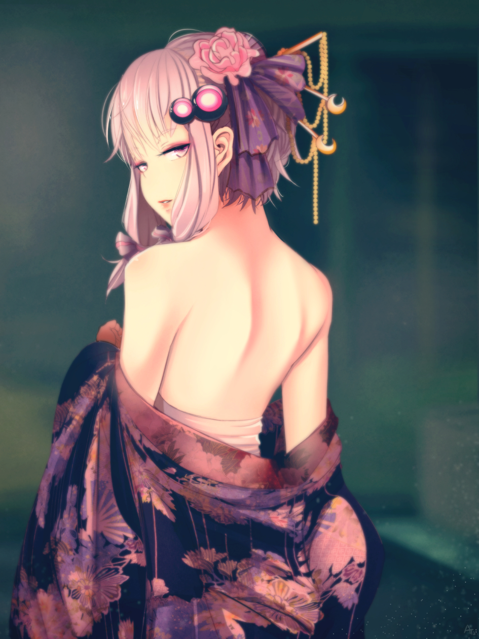 1girl at2. back blush from_behind hair_ornament highres japanese_clothes kimono long_hair looking_at_viewer looking_back off_shoulder oiran open_mouth purple_hair solo twintails undressing violet_eyes vocaloid voiceroid yuzuki_yukari