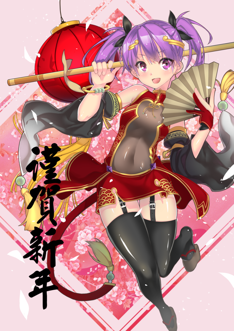 1girl aisha_(elsword) black_legwear bracelet circlet detached_sleeves elsword fan floral_background fujidouyuu full_body gloves jewelry looking_at_viewer new_year partly_fingerless_gloves pink_background purple_hair red_gloves red_skirt sandals short_hair single_glove skirt smile solo staff thigh-highs thigh_strap twintails violet_eyes