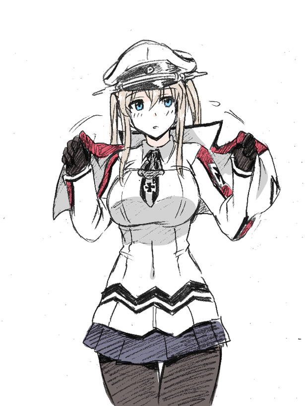 1girl :o anchor black_gloves black_legwear black_necktie black_ribbon blonde_hair blue_eyes blue_skirt blush byeontae_jagga capelet collar covered_navel cowboy_shot gloves graf_zeppelin_(kantai_collection) hair_between_eyes hat iron_cross kantai_collection long_sleeves looking_to_the_side military military_uniform miniskirt pantyhose parted_lips peaked_cap pleated_skirt ribbon short_hair_with_long_locks sidelocks simple_background skirt standing thigh_gap twintails undressing uniform white_background