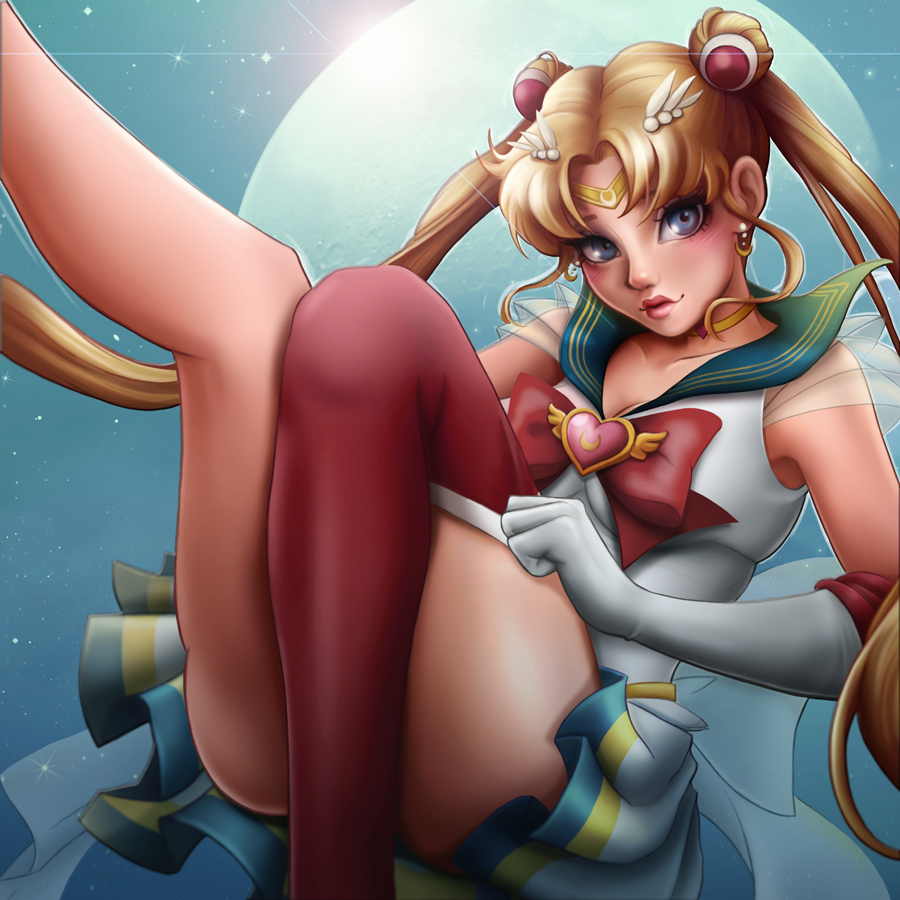1girl adjusting_clothes adjusting_legwear bishoujo_senshi_sailor_moon blonde_hair blue_eyes blush bow choker commentary double_bun elbow_gloves falling full_moon gloves hair_ornament heart lips long_hair magical_girl moon nose red_bow red_legwear sailor_collar sailor_moon see-through sidelocks sina_(scrappy) single_thighhigh skirt sky solo star_(sky) starry_sky super_sailor_moon thigh-highs thighs tiara tsukino_usagi twintails very_long_hair white_gloves
