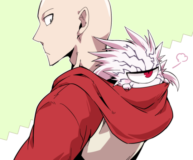 0nodera 2boys alien back-to-back bald black_eyes carrying chibi cyclops hoodie long_hair looking_at_another looking_back lord_boros male_focus multiple_boys one-eyed onepunch_man red_eyes saitama_(onepunch_man) spiky_hair upper_body