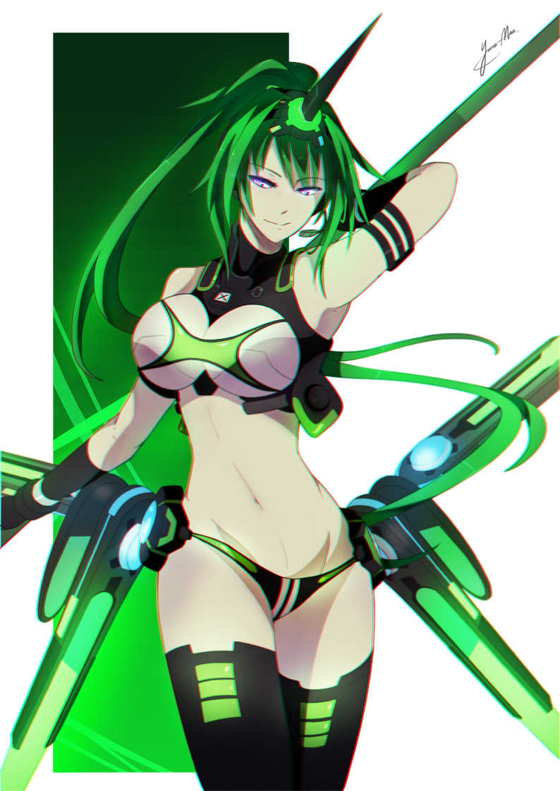 1girl armor artist_name bangs bare_shoulders blue_eyes breasts crop_top green_hair green_heart headgear horn long_hair navel neptune_(series) next_green power_symbol shin_jigen_game_neptune_vii solo symbol-shaped_pupils vert very_long_hair yurax-mae