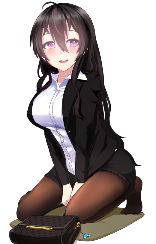 1girl ahoge beifeng_han black_hair breasts glowing_eyes hair_between_eyes large_breasts long_hair looking_at_viewer miniskirt miyaura_sanshio original pantyhose purple_eyes simple_background skirt solo white_background