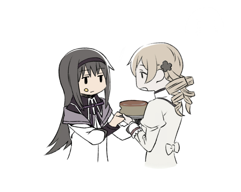 2girls akemi_homura black_hair blank_stare blonde_hair cheesecake comic drill_hair expressionless flat_gaze food food_on_face hair_ornament hairband long_hair magical_girl mahou_shoujo_madoka_magica multiple_girls oda_takayuki simple_background time_stop tomoe_mami twin_drills white_background