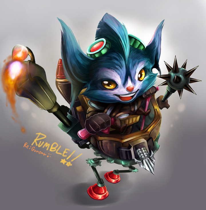 animal_ears boots character_name fire furry gloves goggles goggles_on_head grey_background gumeaw league_of_legends mace machine machinery open_mouth rumble_(league_of_legends) weapon yellow_eyes