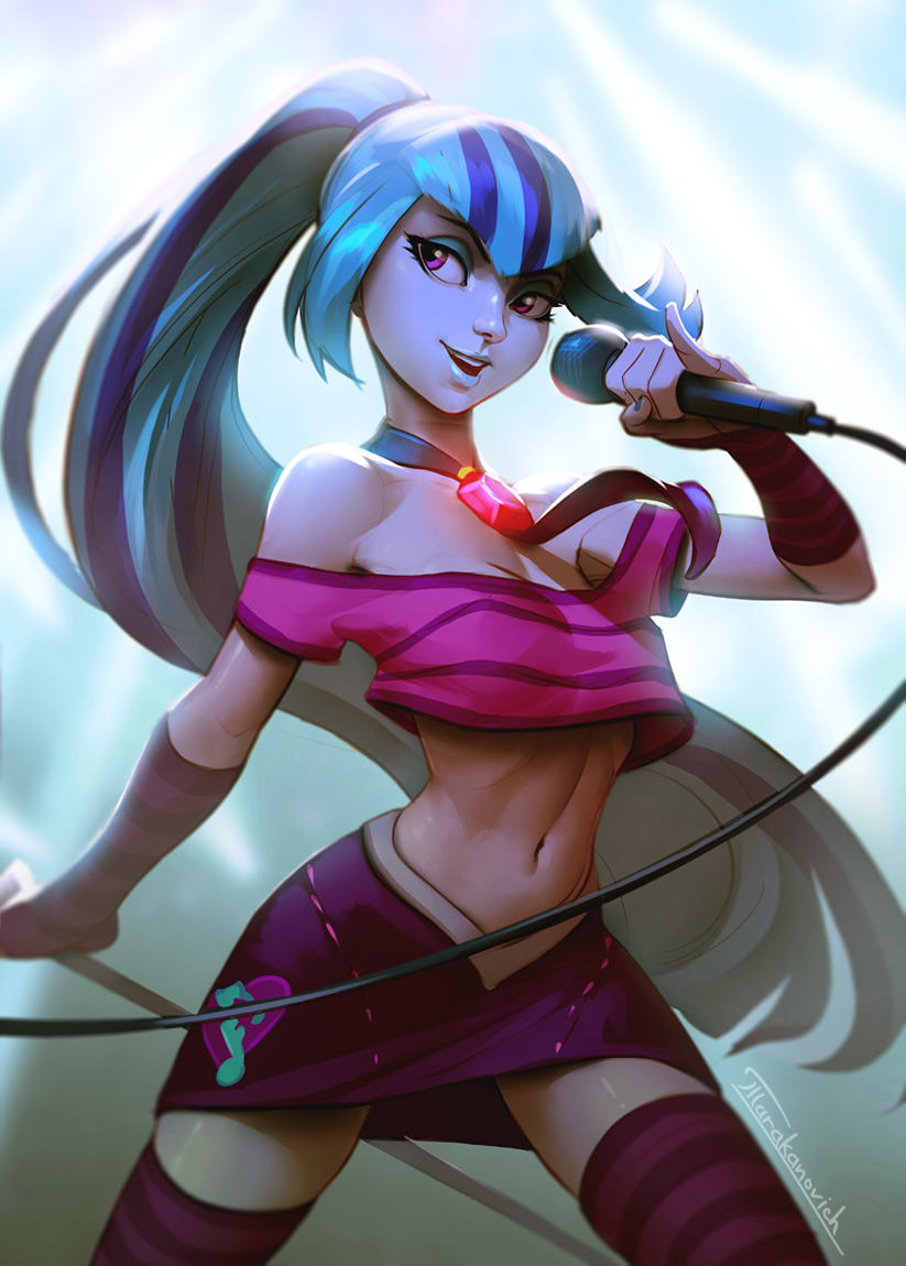 1girl aqua_hair bare_shoulders blue_hair breasts detached_sleeves humanization long_hair microphone multicolored_hair my_little_pony my_little_pony_friendship_is_magic navel pink_eyes ponytail signature skirt solo sonata_dusk striped striped_legwear striped_sleeves tarakanovich thigh-highs very_long_hair