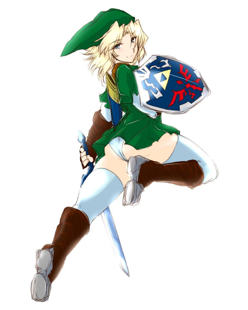 1girl ass blonde_hair blue_eyes boots brown_boots brown_gloves fingerless_gloves gauntlets gloves hat highres holding_shield holding_sword holding_weapon karakure_(kamo-nanban) knee_boots linkle looking_at_viewer looking_back master_sword panties scabbard sheath shield short_sleeves simple_background smile solo sword the_legend_of_zelda thigh-highs thighs underwear weapon white_background white_legwear white_panties zelda_musou