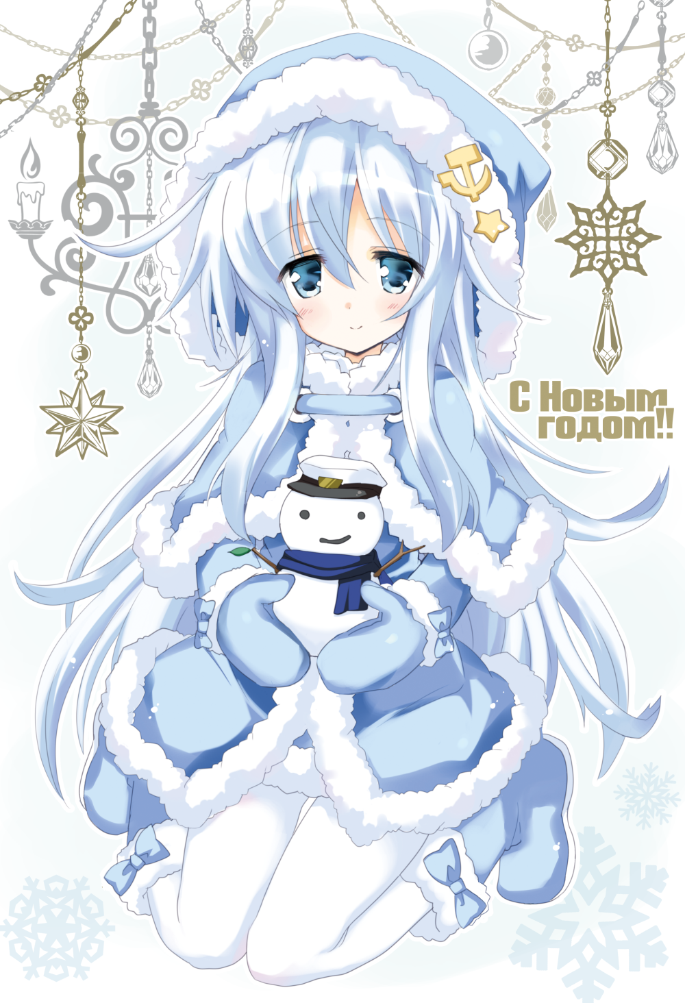 1girl blue_eyes boots capelet hammer_and_sickle hat hibiki_(kantai_collection) highres hizuki_yayoi kantai_collection long_hair looking_at_viewer mittens russia_(hetalia) scarf silver_hair smile snowflakes snowman solo star translation_request verniy_(kantai_collection)