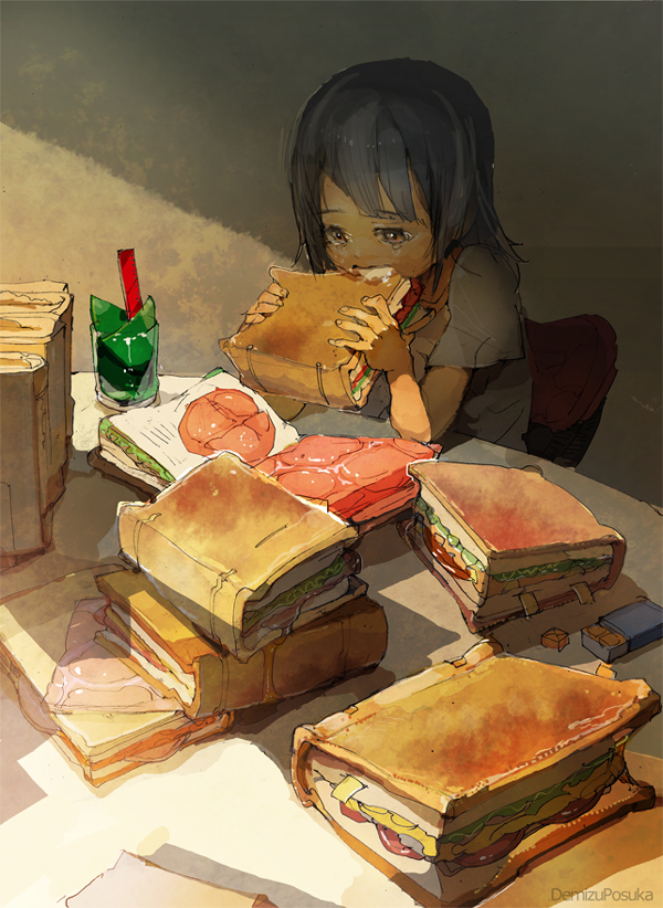 1girl black_hair book brown_eyes commentary_request cup demizu_posuka drinking_glass eating original sandwich sitting solo tears