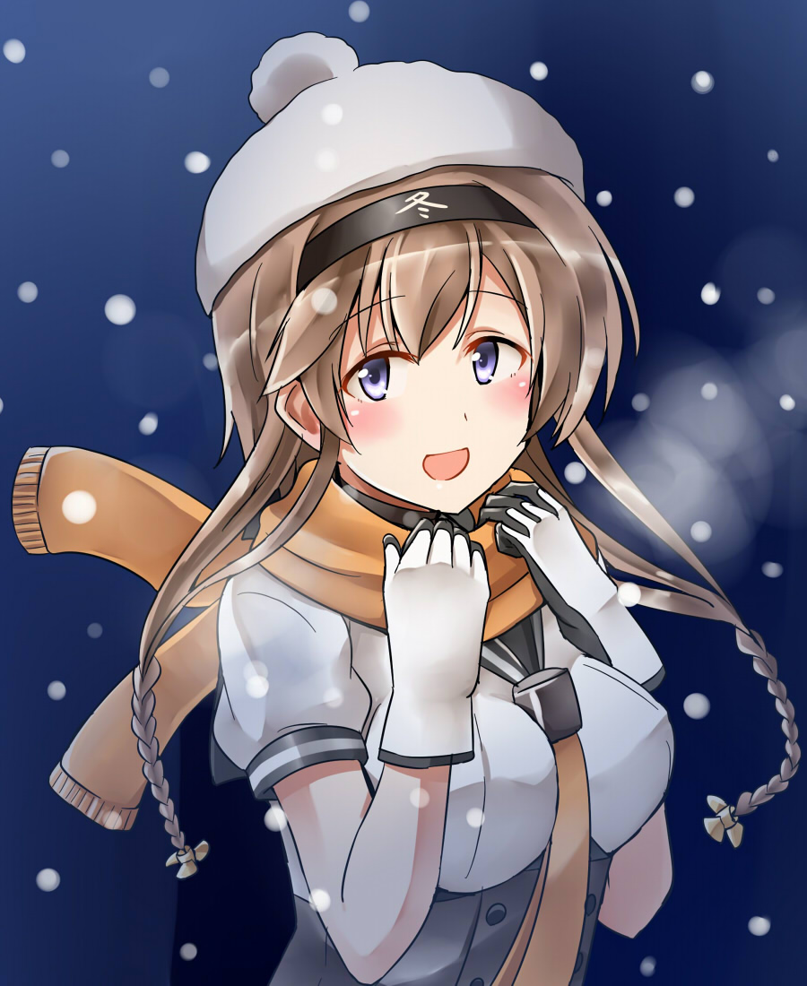 1girl :d black_gloves blue_eyes blush braid breasts clothes_writing corset gloves hat kamelie kantai_collection light_brown_hair long_hair looking_at_viewer multicolored_gloves neckerchief open_mouth orange_scarf propeller_hair_ornament scarf school_uniform serafuku short_sleeves smile snow snowing solo teruzuki_(kantai_collection) translation_request twin_braids white_gloves