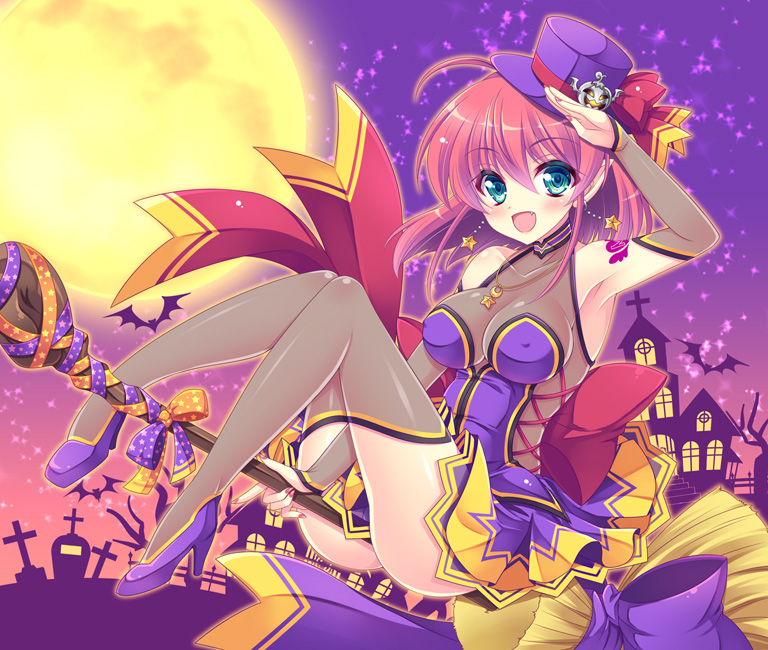 1girl :d alice_wishheart alternate_costume aqua_eyes arm_warmers armpits bow broom broom_riding female full_body full_moon hat hat_bow magical_halloween moon open_mouth pink_hair purple_background purple_hat purple_shoes red_bow sheer_legwear shoes short_hair skirt smile solo sparkle thigh-highs tokinon top_hat