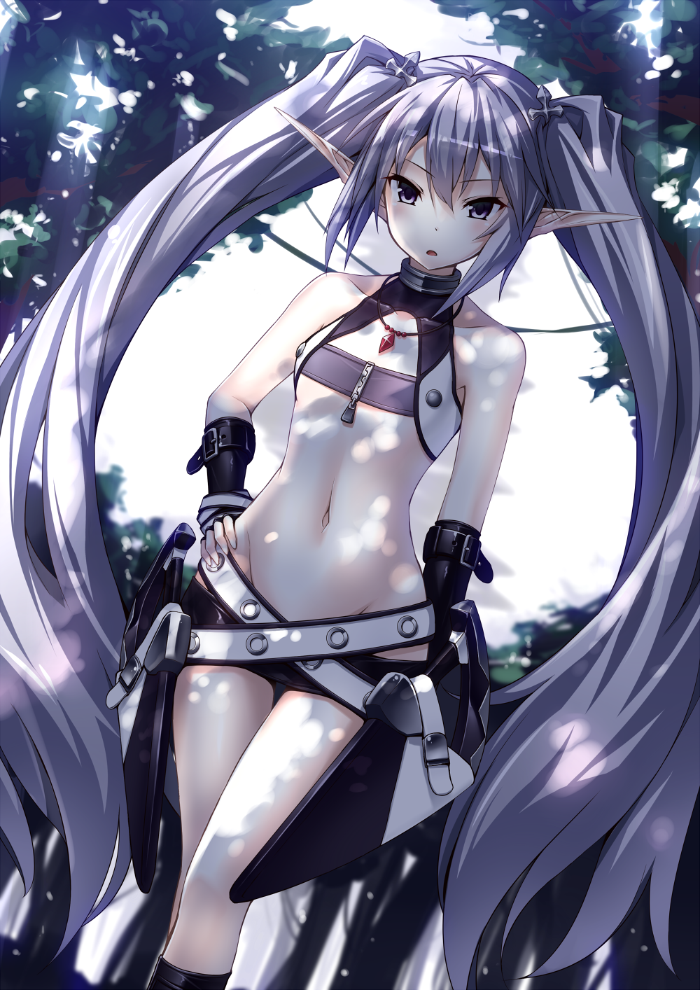 1girl absurdly_long_hair agarest_senki agarest_senki_(series) bare_legs bare_shoulders beltskirt blush collarbone dutch_angle fyuria_(agarest_senki) hand_on_hip highres jewelry kneehighs leaf long_hair looking_at_viewer midriff miniskirt navel necklace open_mouth pointy_ears purple_hair skirt small_breasts solo tree twintails ugume very_long_hair violet_eyes wrist_guards