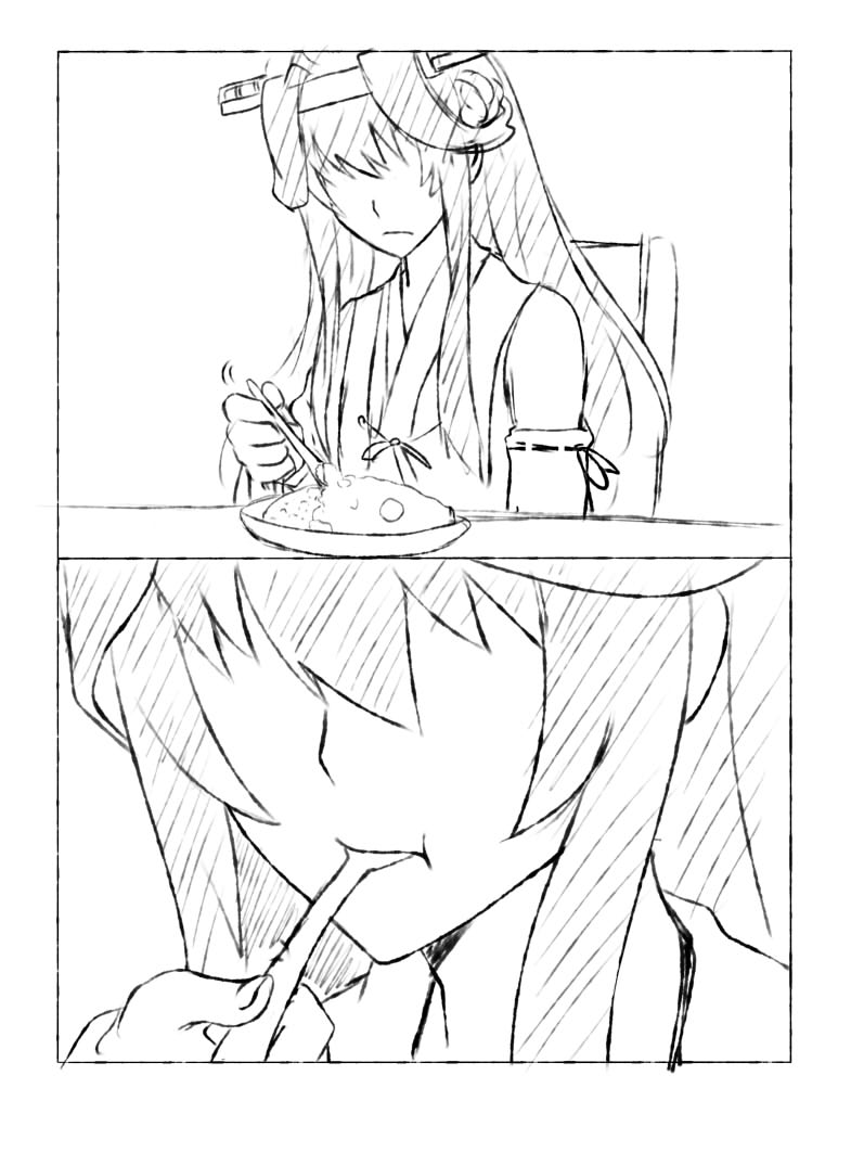 1girl 2koma comic curry curry_rice darkmaya detached_sleeves eating food headgear kantai_collection kongou_(kantai_collection) long_hair monochrome nontraditional_miko remodel_(kantai_collection) spoon spoon_in_mouth yukikaze_(kantai_collection)