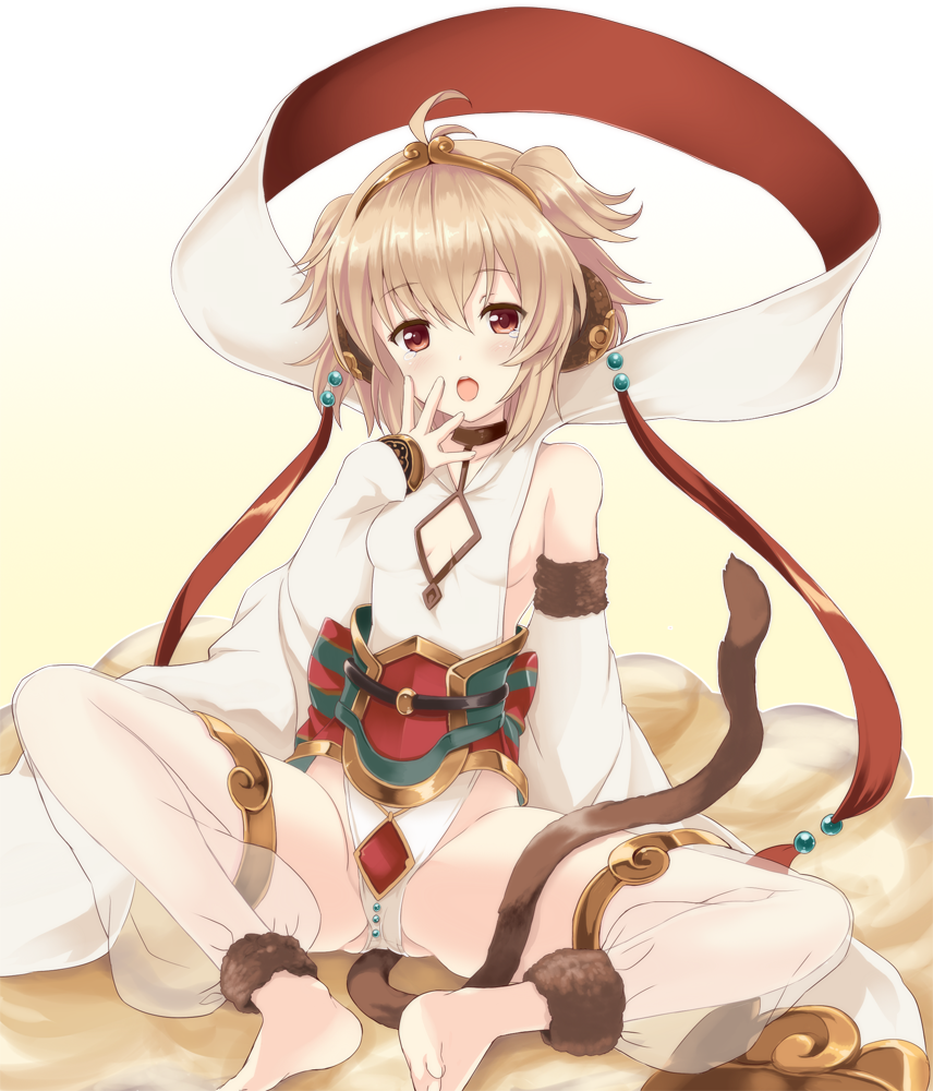 1girl anchira_(granblue_fantasy) bare_shoulders barefoot blonde_hair blush detached_sleeves granblue_fantasy looking_at_viewer monkey_ears monkey_tail open_mouth red_eyes see-through short_hair simple_background sitting small_breasts solo souryuu staff thigh-highs