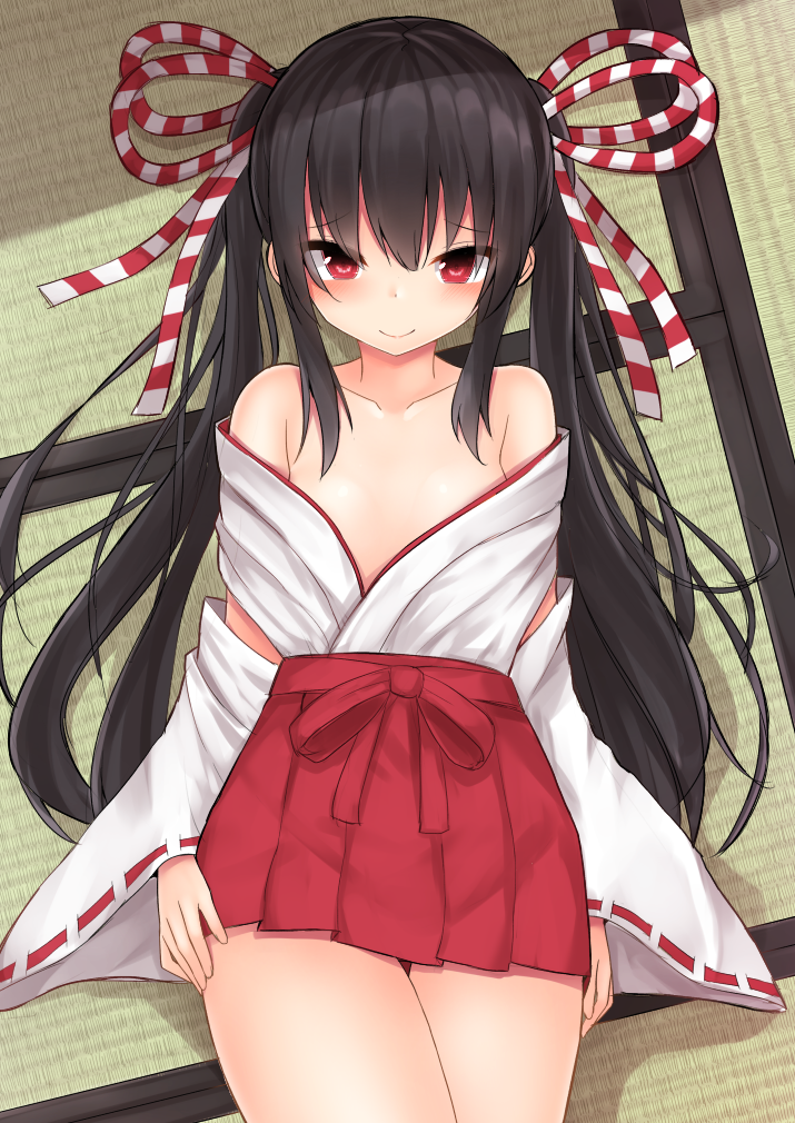 1girl bare_shoulders black_hair blush commentary detached_sleeves hair_ornament hair_ribbon hands_on_own_thighs japanese_clothes long_hair looking_at_viewer lying miko mizushina_minato on_back open_clothes original red_eyes red_skirt ribbon skirt small_breasts smile solo tatami twintails wide_sleeves