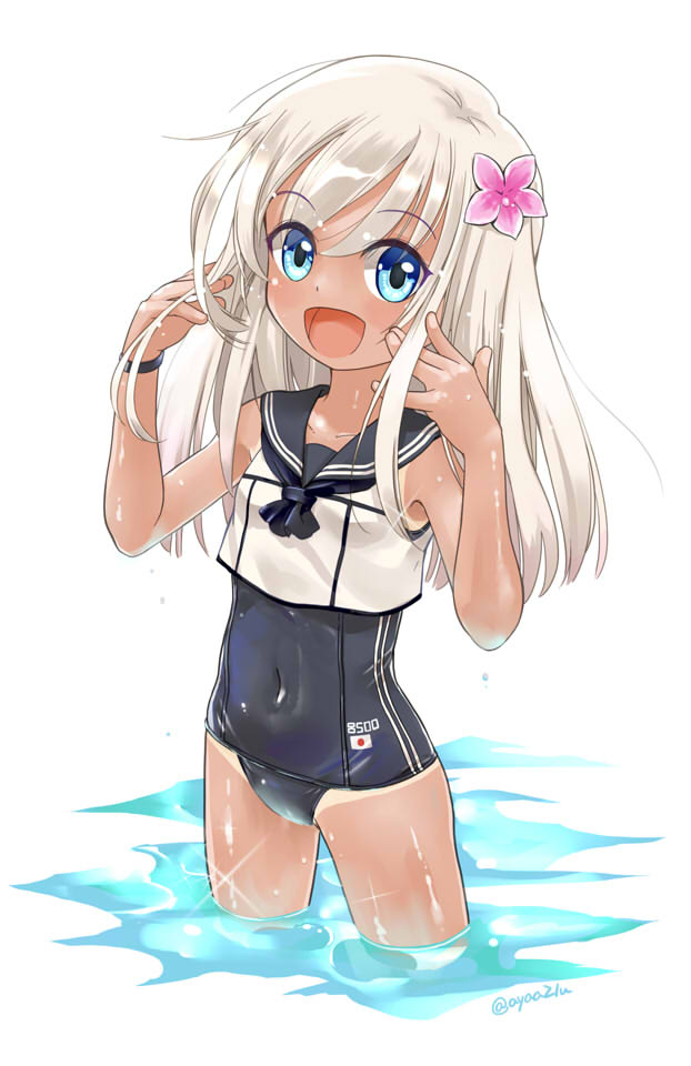 1girl :d blue_eyes blush crop_top flower hair_flower hair_ornament in_water kantai_collection long_hair looking_at_viewer neckerchief open_mouth partially_submerged ro-500_(kantai_collection) rori_chuushin school_swimsuit school_uniform serafuku simple_background smile solo swimsuit tan tanline white_background white_hair