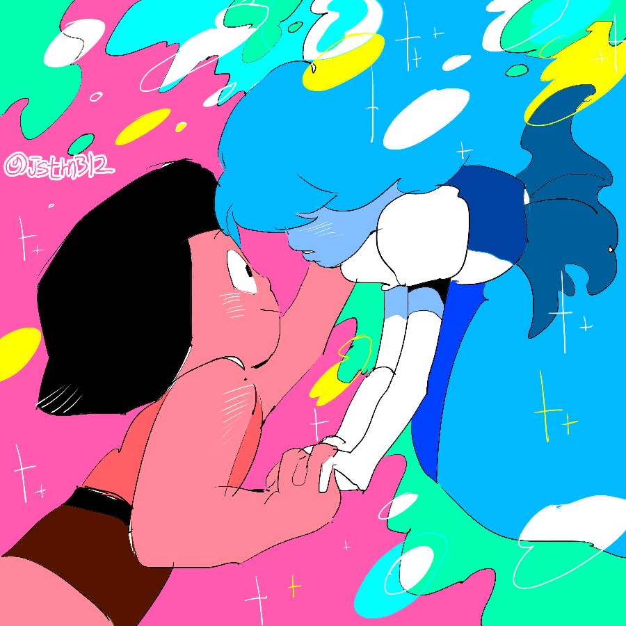 0wa0 2girls afro blue_hair blue_skin elbow_gloves floating gloves hair_over_eyes interlocked_fingers long_hair looking_at_another multicolored_background multiple_girls red_skin ruby_(steven_universe) sapphire_(steven_universe) shorts smile spoilers steven_universe tank_top twitter_username yuri