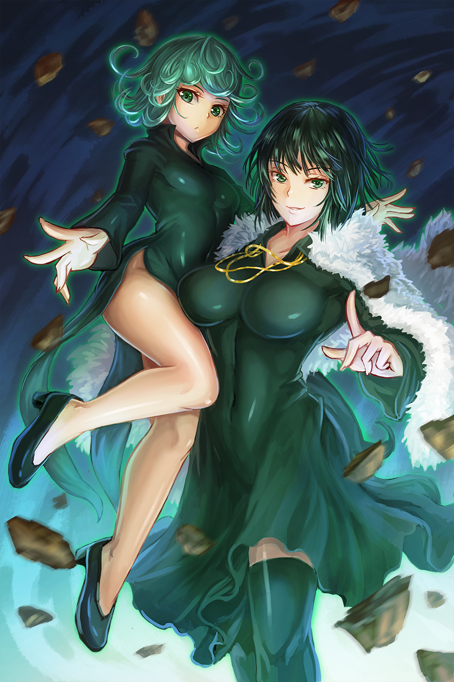 2girls aura black_hair black_legwear black_shoes breasts curly_hair dark debris dress floating freeze-ex fubuki_(onepunch_man) fur_trim glowing green_dress green_eyes green_hair highres hips impossible_clothes impossible_dress jewelry large_breasts legs light_smile long_sleeves looking_at_viewer multiple_girls navel necklace no_panties onepunch_man open_hands pointing rock shoes short_hair siblings side_slit sisters small_breasts tatsumaki thigh-highs thighs tight_dress wavy_hair white_coat