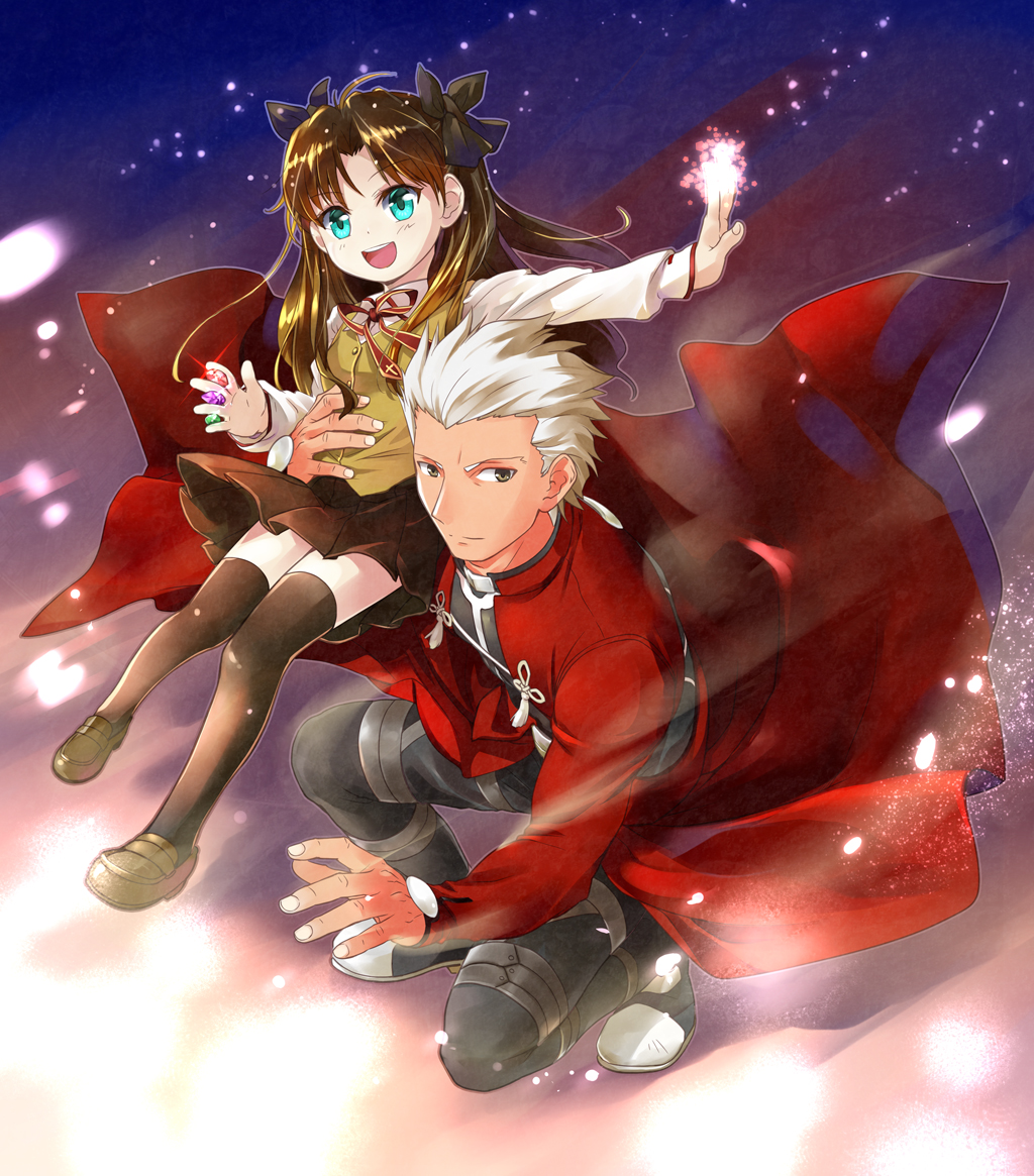 1boy 1girl :d aqua_eyes archer black_bow black_hair bow child coat fate/stay_night fate_(series) gem hair_bow holding loafers long_hair looking_at_viewer on_shoulder open_mouth pleated_skirt red_coat ribbon rori_chuushin shirt shoes short_hair sitting sitting_on_person skirt smile spiky_hair squatting thigh-highs toosaka_rin twintails vest white_hair white_shirt