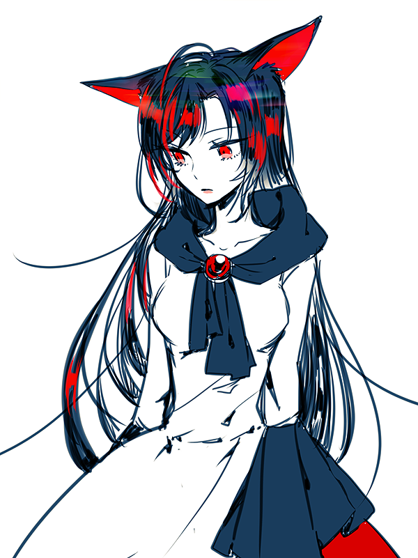 1girl animal_ears arms_behind_back breasts brooch cowboy_shot dress imaizumi_kagerou jewelry lipstick long_hair looking_away makeup nr_(cmnrr) red_eyes redhead sketch solo touhou white_background wolf_ears