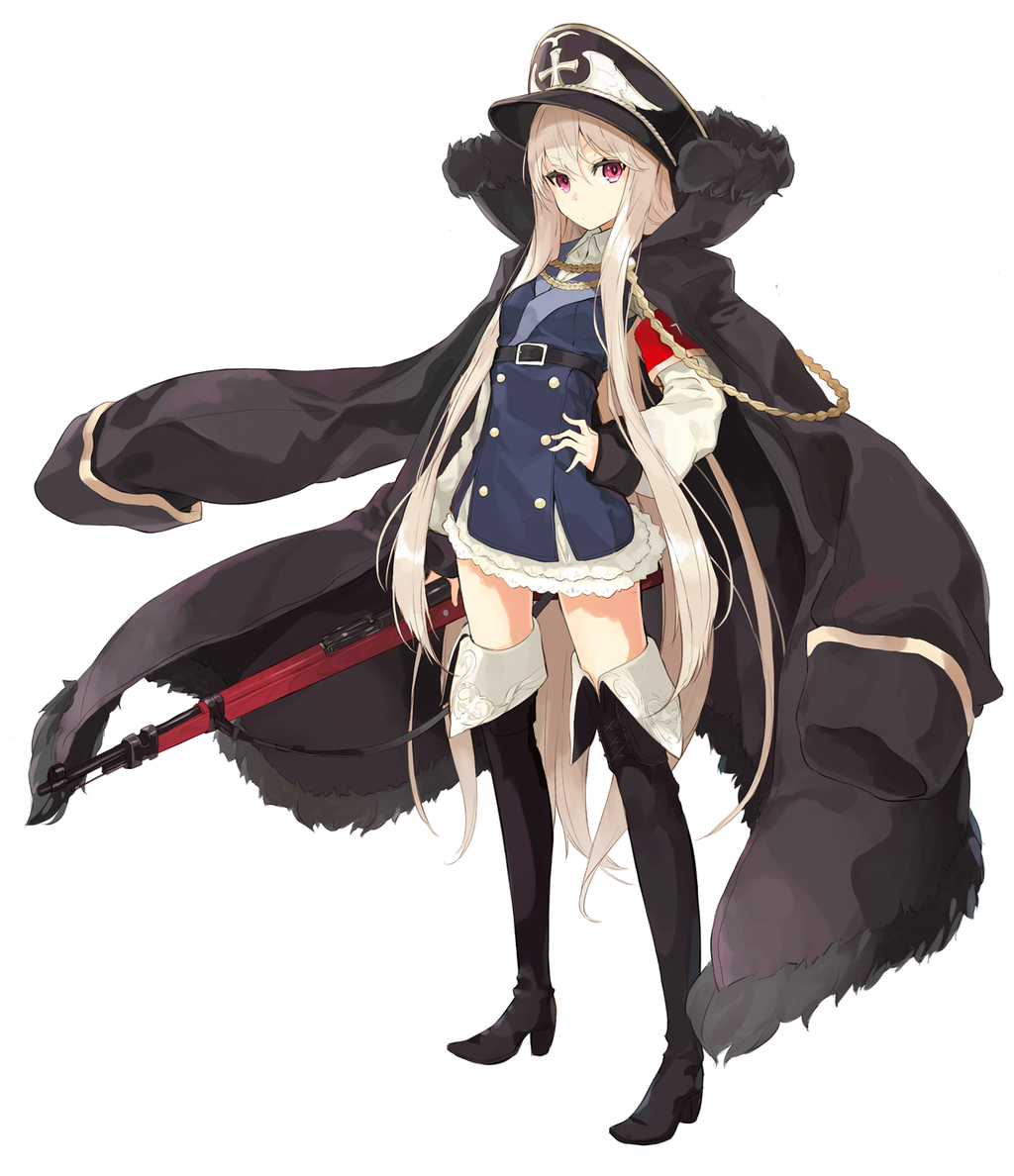 1girl armband bolt_action boots buttons coat double-breasted fur_trim girls_frontline gun hat high_heel_boots high_heels kar98k_(girls_frontline) long_hair looking_at_viewer mauser_98 military military_uniform miruto_netsuki peaked_cap rifle solo thigh-highs thigh_boots uniform very_long_hair violet_eyes weapon white_background white_hair zettai_ryouiki