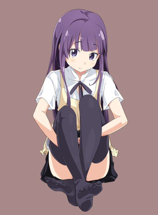 1girl apron convenient_leg hands_under_legs ixy long_hair looking_at_viewer purple_hair simple_background skirt solo thigh-highs waitress working!! yamada_aoi