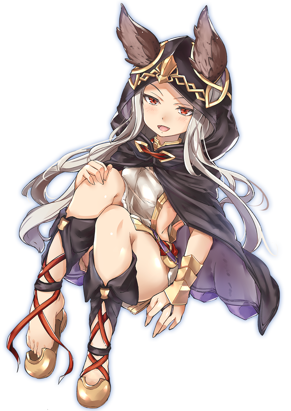 1girl animal_ears bent_knees cape cat_ears fang from_above granblue_fantasy hand_on_own_knee highres hood hooded_cloak kouri_maguro long_hair looking_at_viewer open_mouth red_eyes silver_hair sitting skasaha_(granblue_fantasy) slit_pupils solo thighs