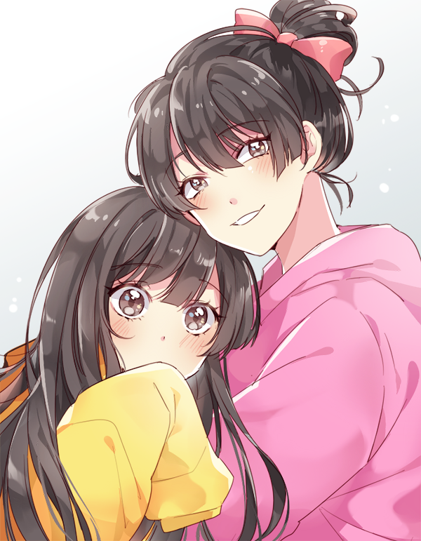 2girls bangs black_eyes black_hair blush bow covering_mouth eyebrows eyebrows_visible_through_hair genderswap gradient gradient_background hair_bow hair_bun hood_down hoodie long_hair looking_at_viewer matsuno_juushimatsu matsuno_todomatsu minori_(faddy) multiple_girls osomatsu-kun osomatsu-san pink_bow siblings sisters sleeves_past_wrists upper_body