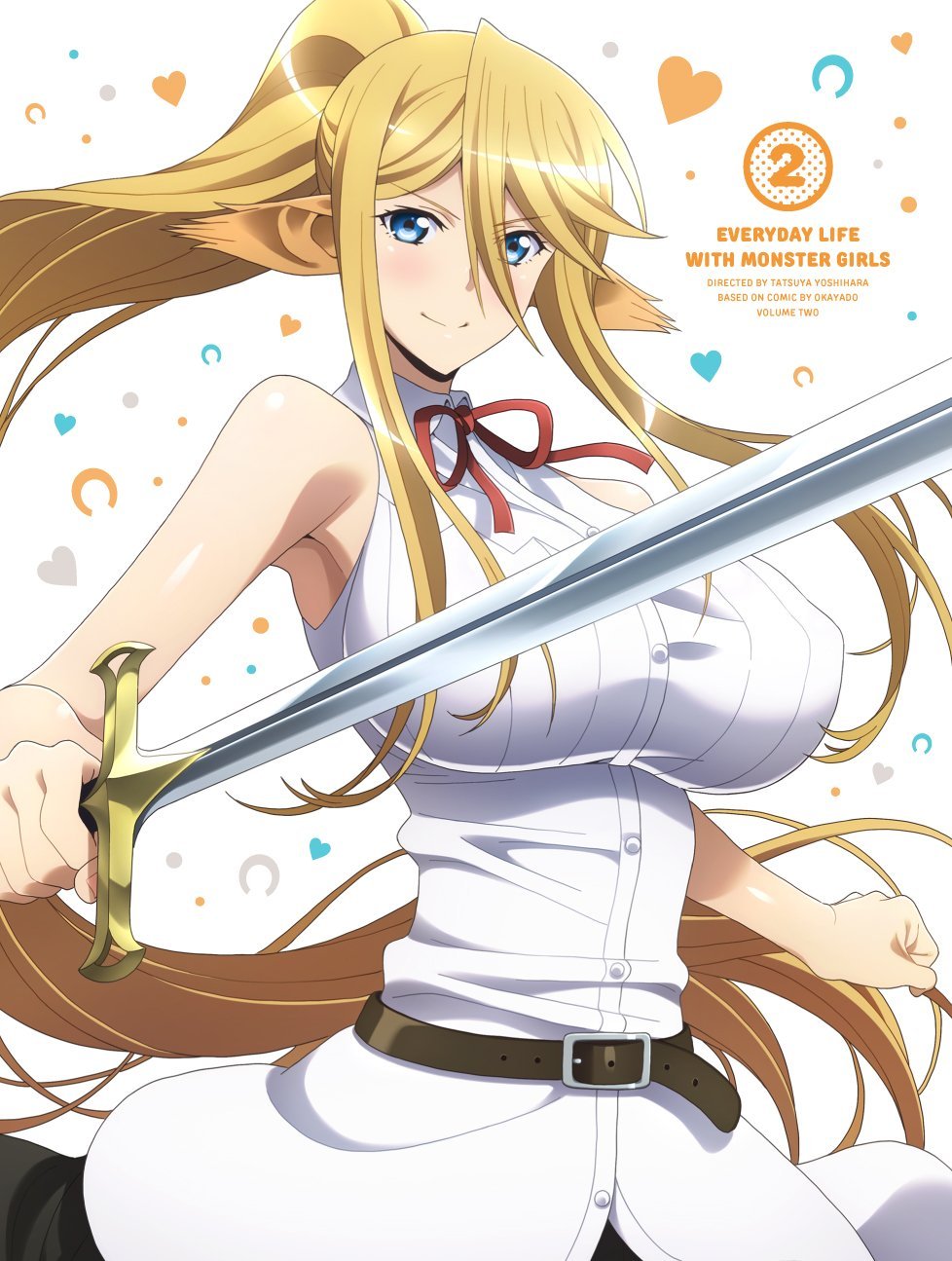 1girl animal_ears blonde_hair blue_eyes breasts centaur centorea_shianus copyright_name cover cowboy_shot dvd_cover highres horse_ears large_breasts long_hair looking_at_viewer monster_girl monster_musume_no_iru_nichijou official_art ponytail sleeveless smile solo sword very_long_hair weapon